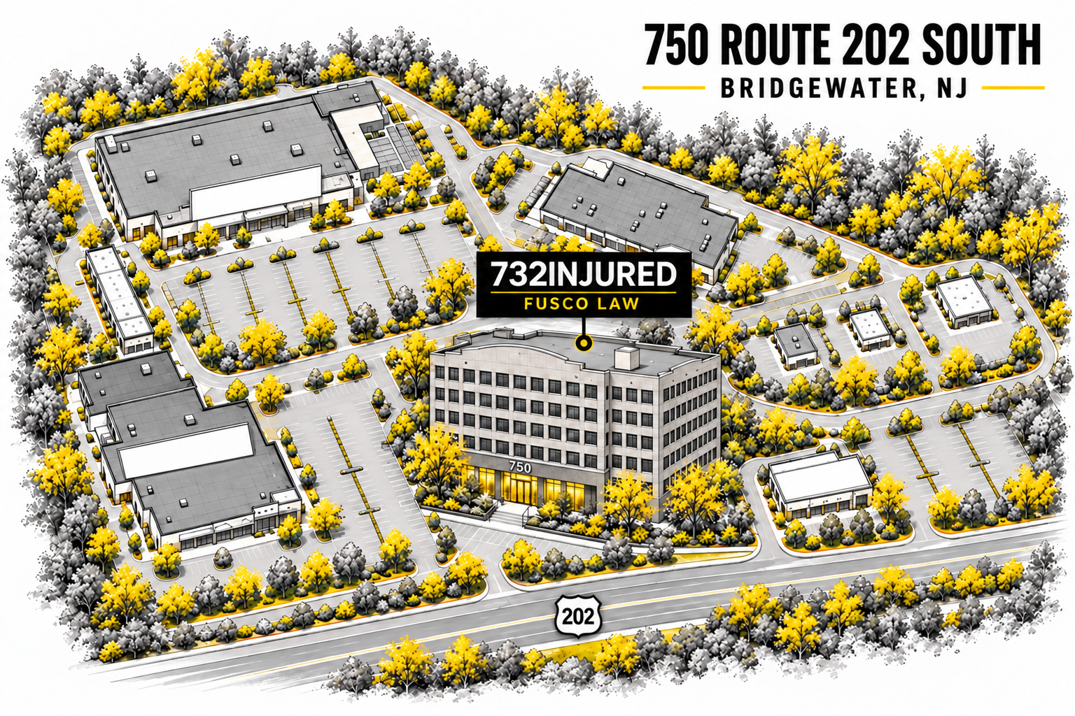 Illustrated Bridgewater office next to Wegmans, Home Depot and Chick-fil-A