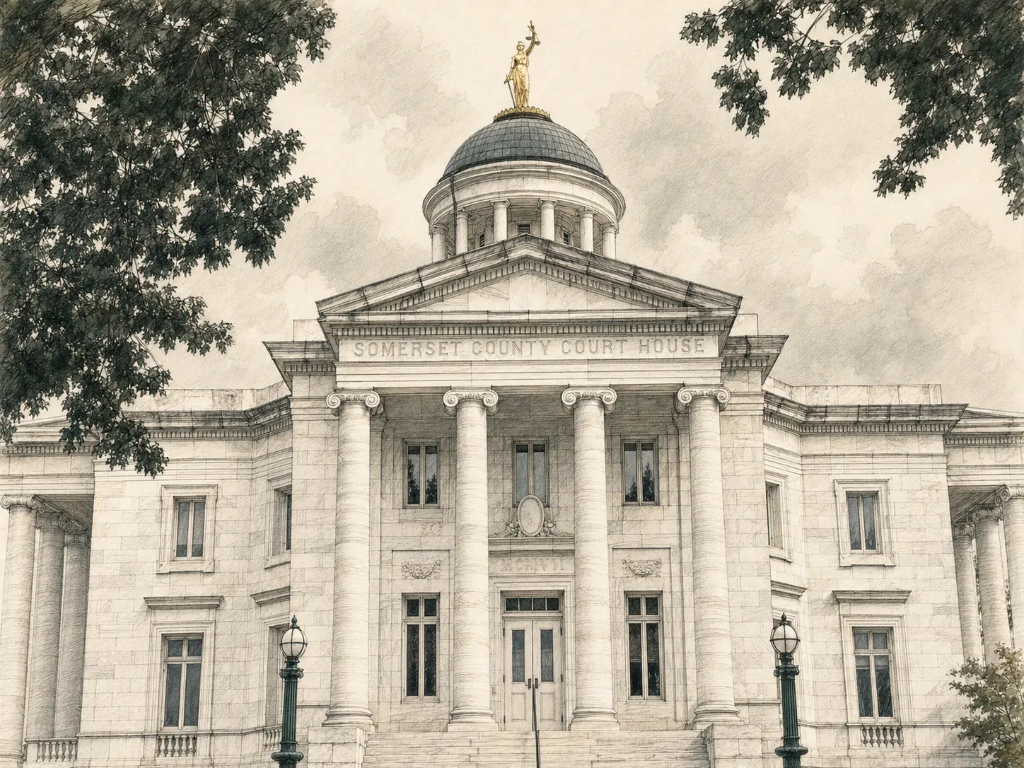 Courtroom-style sketch of the Somerset County Courthouse
