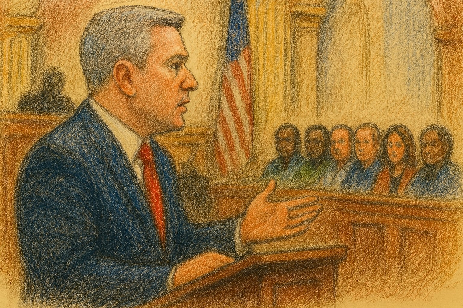 Courtroom artist sketch of Michael B. Fusco addressing a jury