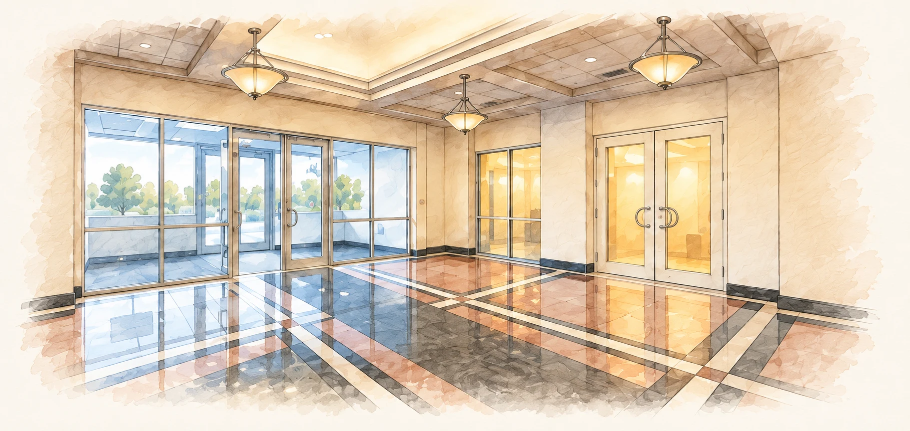 Illustrated main lobby, with Fusco Law's warmly lit windows and double office doors on the right