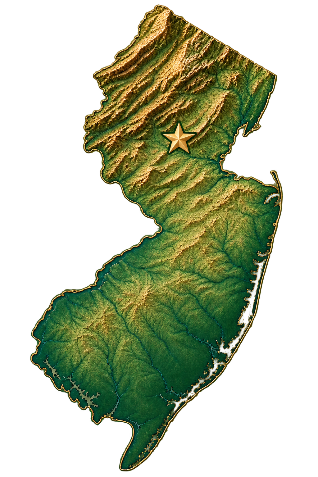 Green and gold New Jersey illustration with a star marking the Bridgewater area
