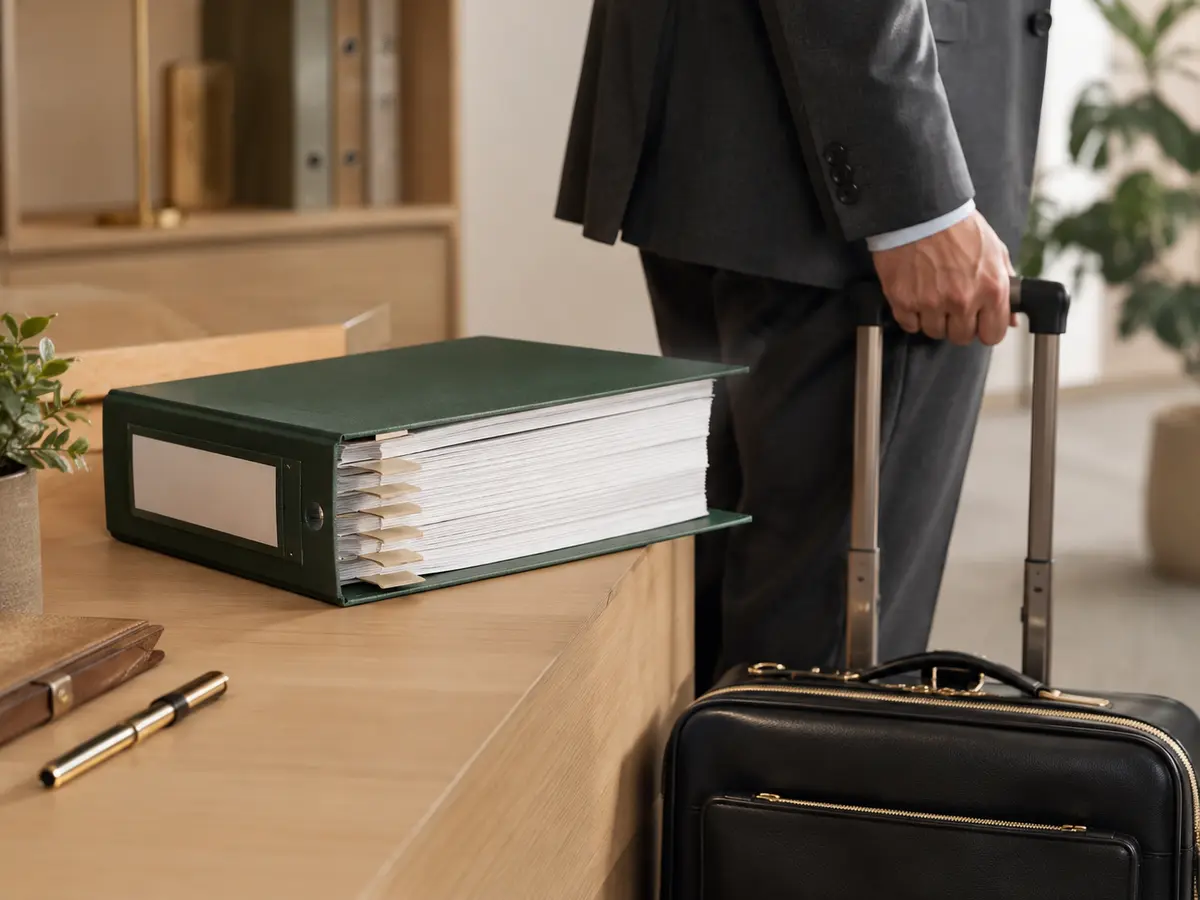 Thick trial binder beside a trial lawyer’s rolling briefcase