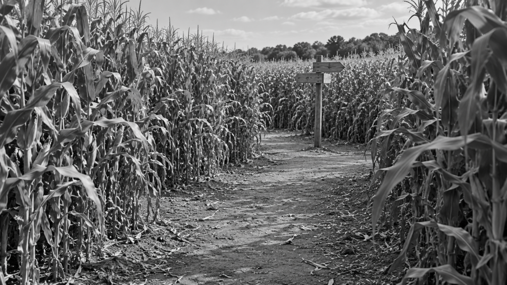 Black-and-white corn maze path with wooden directional arrows