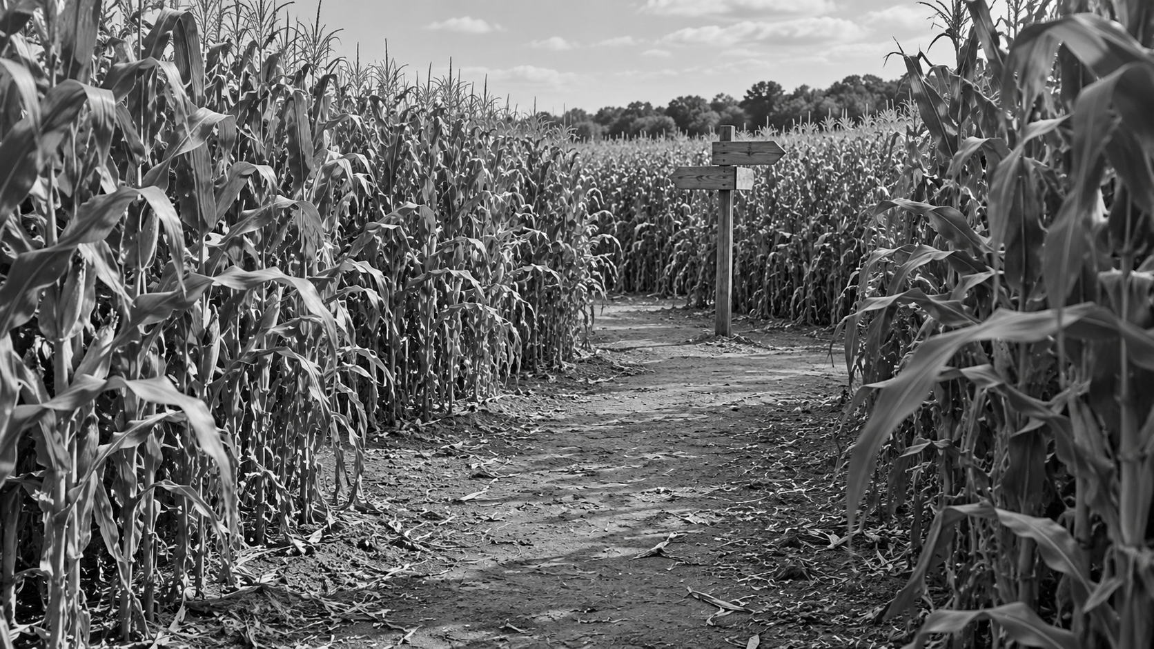 Corn maze path with directional arrows, illustrating a corn maze injury investigation