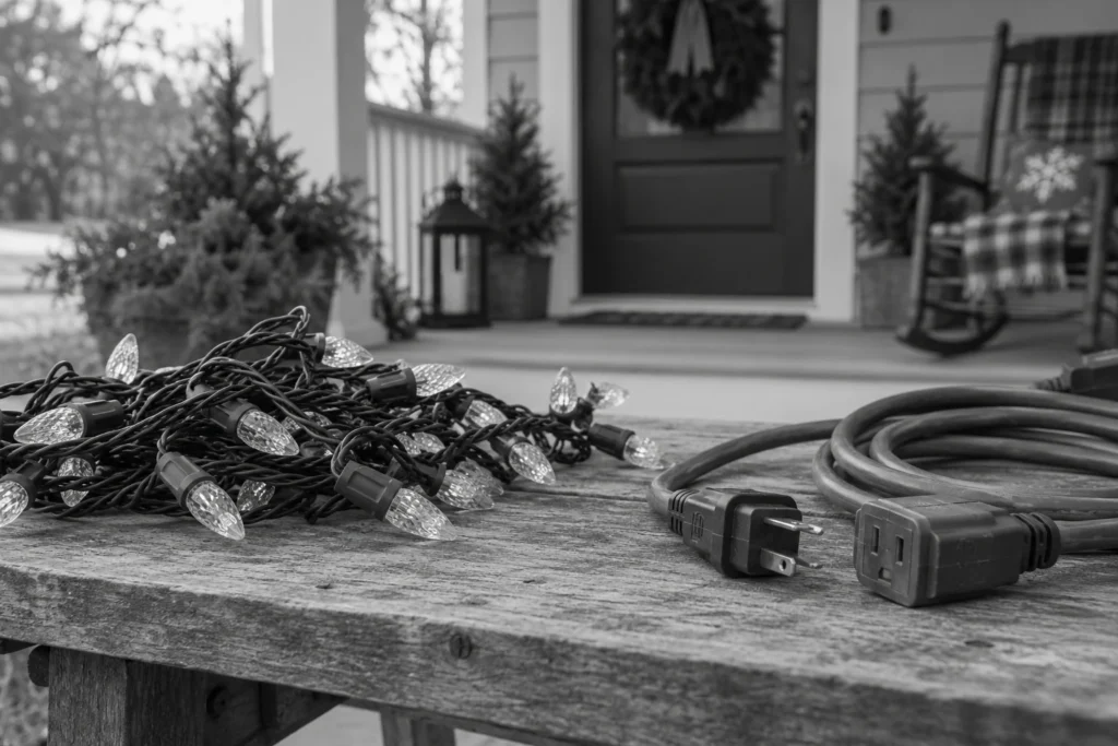 Unplugged seasonal string lights and extension cord on an outdoor table