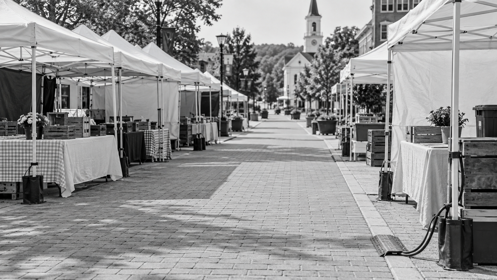 Black-and-white empty outdoor fair with vendor tents beside a pedestrian walkway