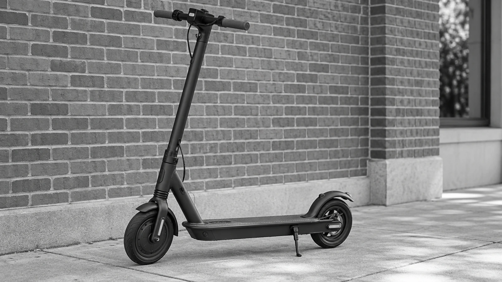 Parked standing electric rental scooter on an empty sidewalk