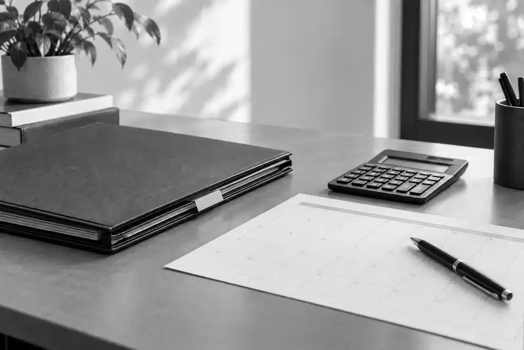 Case folder, calculator, calendar and pen on an unoccupied desk.
