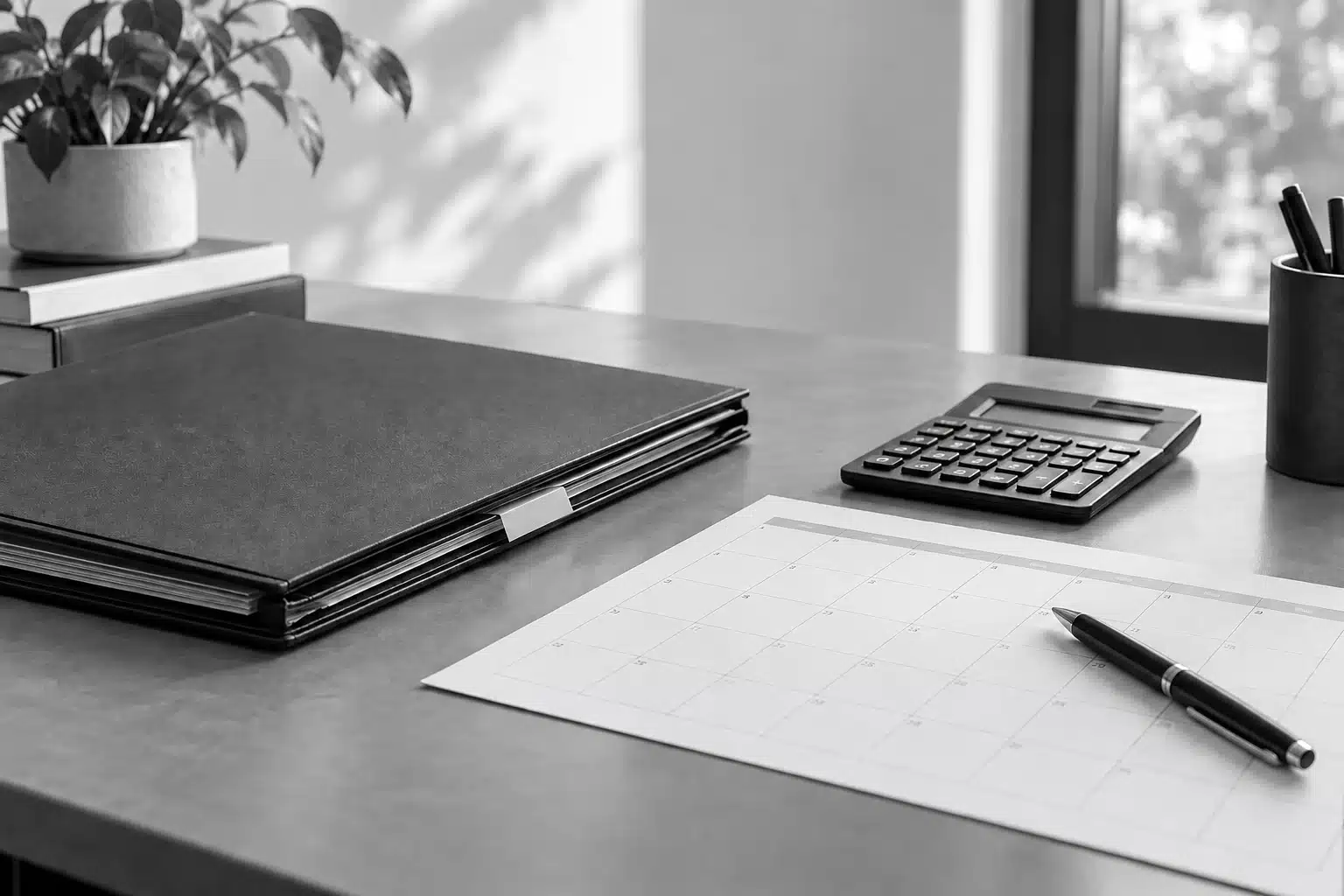 Case documents and calculator on a desk