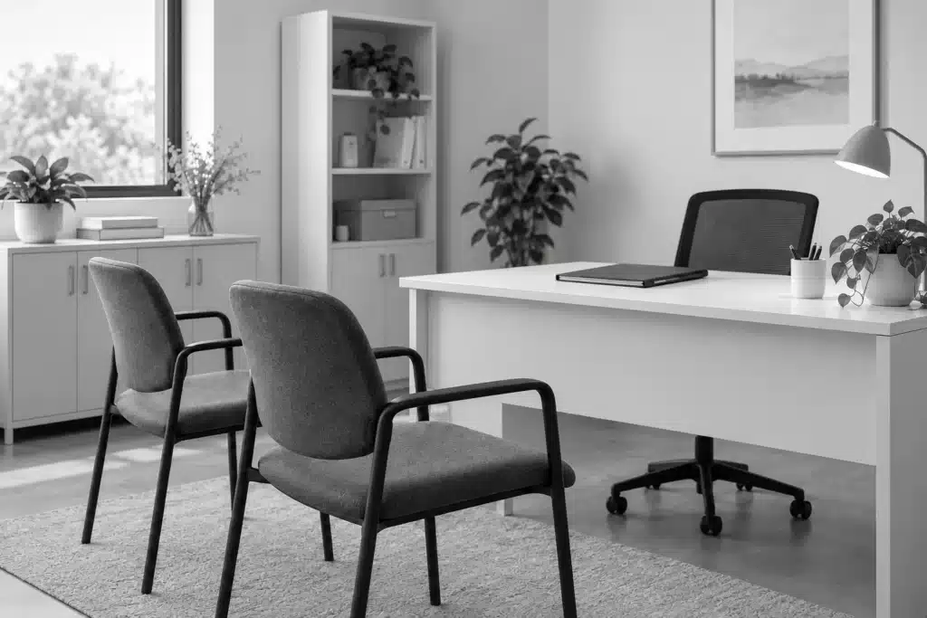 Empty consultation room with chairs and a closed folder on the desk.