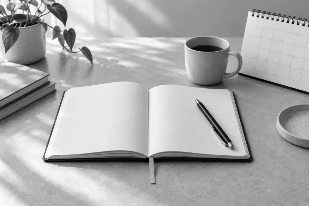 Open journal, pen and calendar on a tabletop.