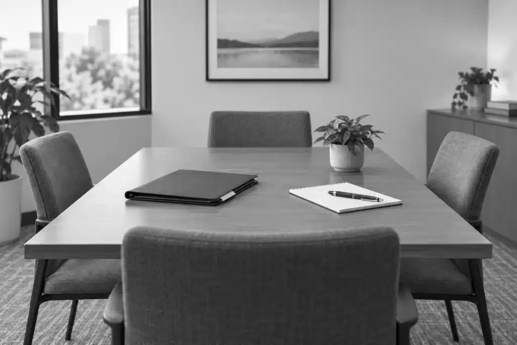 Empty meeting table with a case folder, notepad and pen.