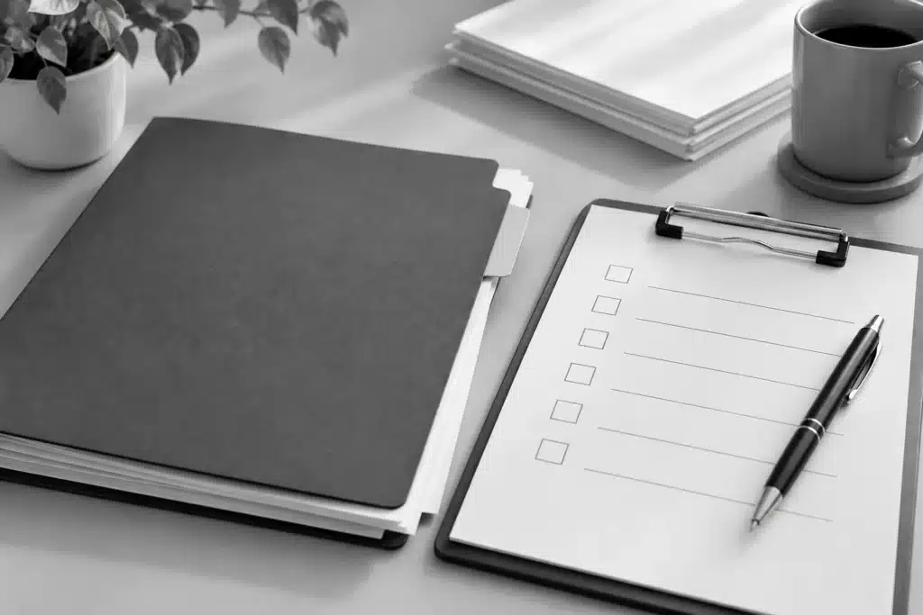 Unmarked folder and blank checklist on a desk.