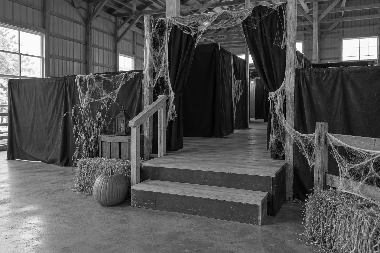 Temporary wooden entry steps and fabric partitions at a seasonal attraction