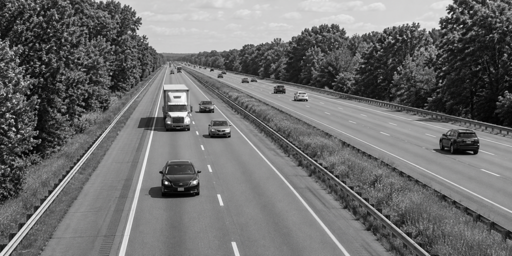 Black-and-white divided highway with a tractor-trailer and cars between tree-lined shoulders