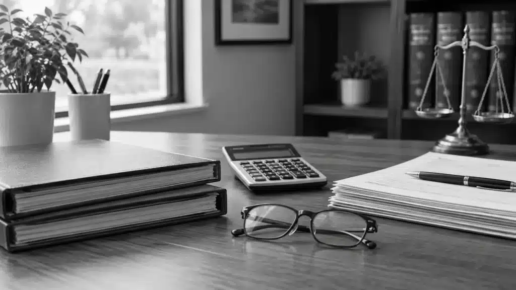 Medical and insurance documents beside a calculator and eyeglasses