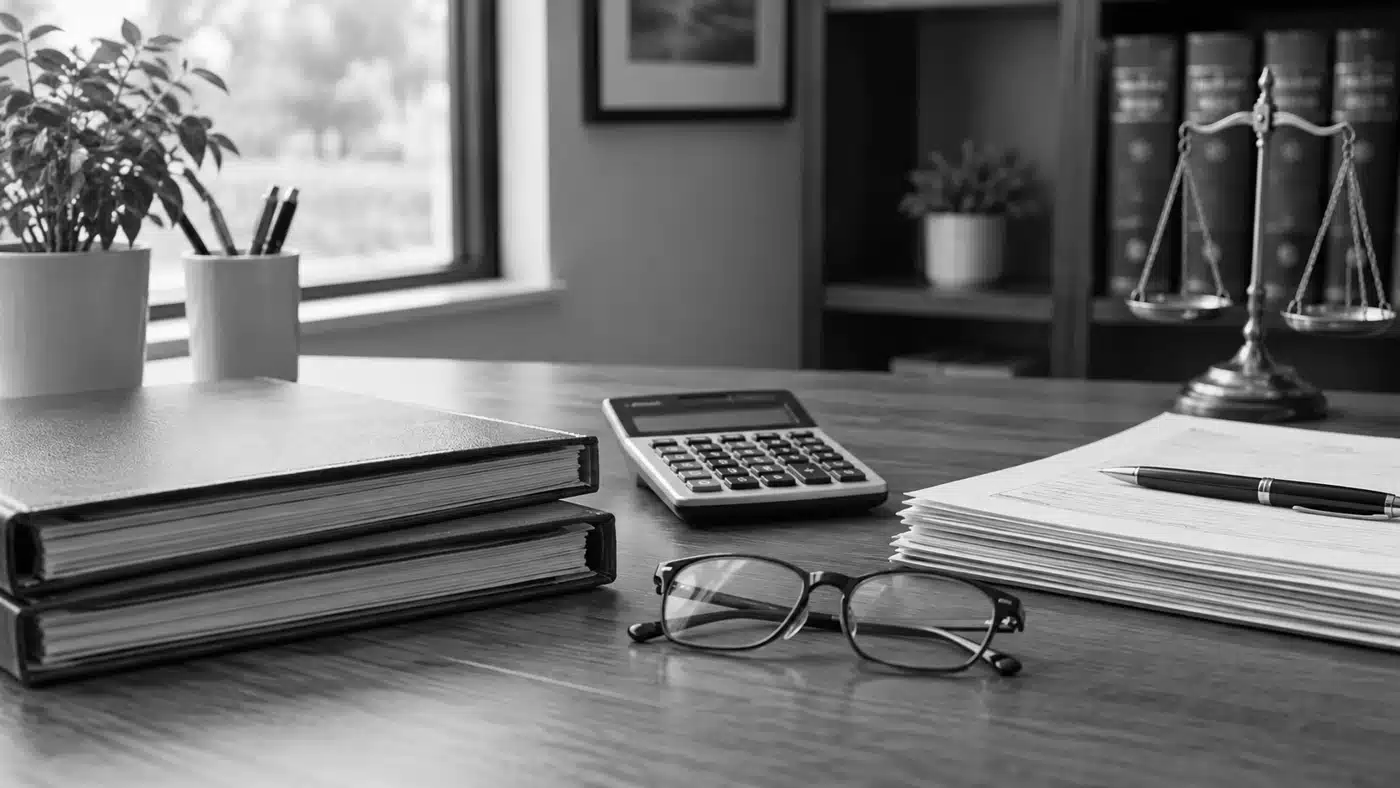 Medical and insurance documents beside a calculator and eyeglasses