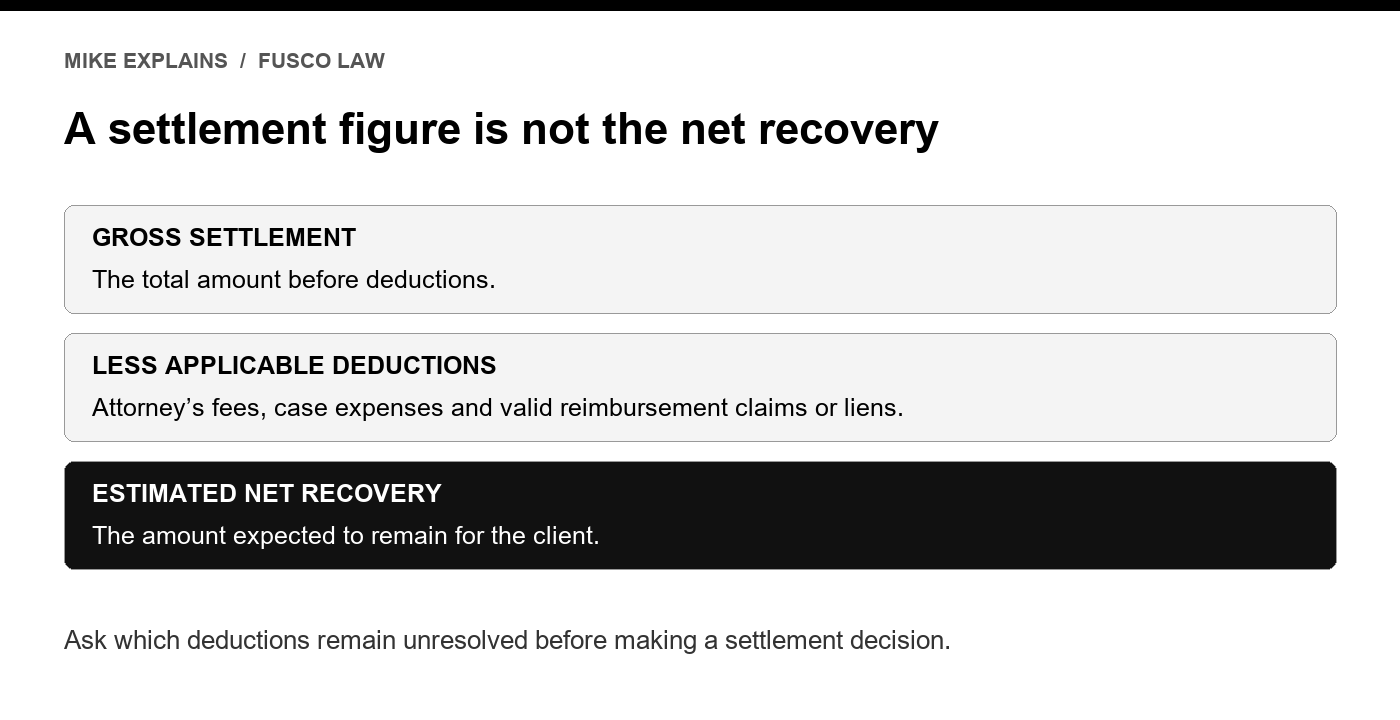 Gross settlement minus applicable fees, expenses and valid reimbursement claims or liens leaves the estimated net recovery.