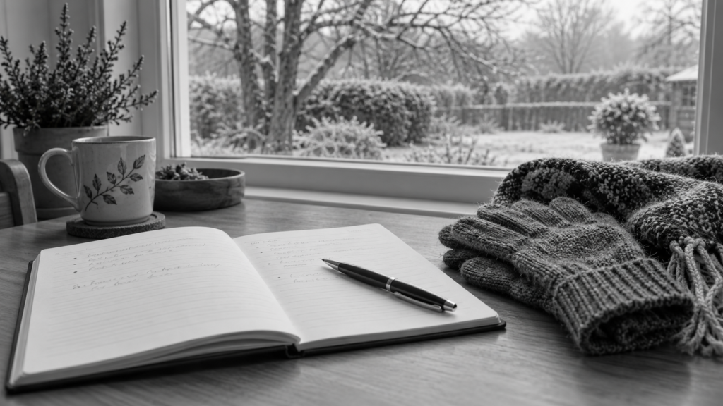 Notebook for recording symptoms in colder weather beside winter gloves
