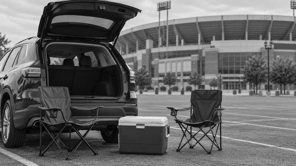 Tailgating-lot injuries: empty chairs and a cooler beside a parked vehicle outside a stadium