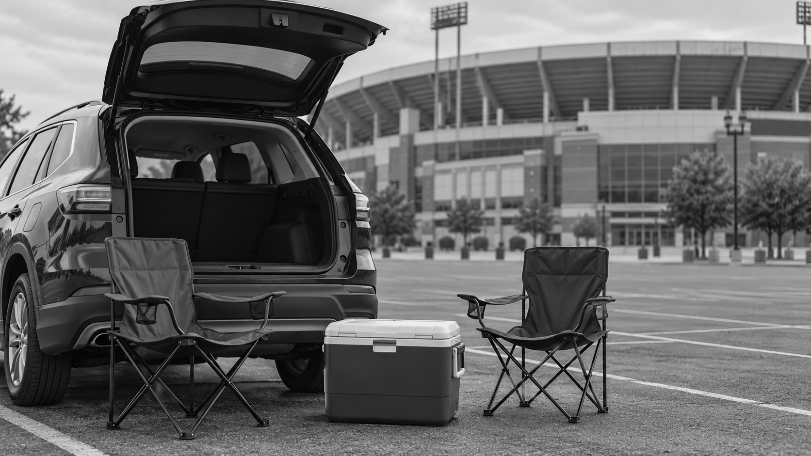 Tailgating-lot injuries: empty chairs and a cooler beside a parked vehicle outside a stadium