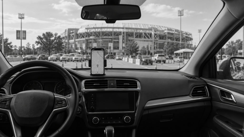 Rideshare driver vehicle parked at a stadium with a dashboard-mounted phone