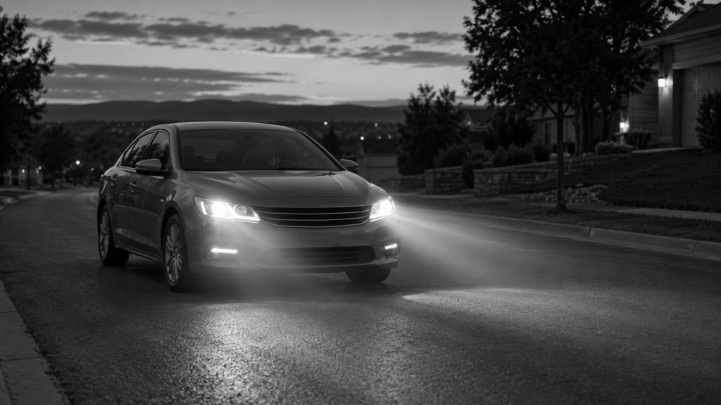 Headlight use at dusk: a car illuminating the road ahead