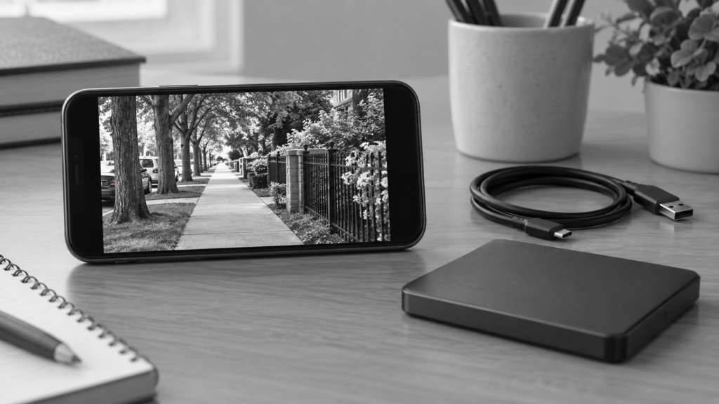 Original cellphone photos displayed on a phone beside a cable and backup drive