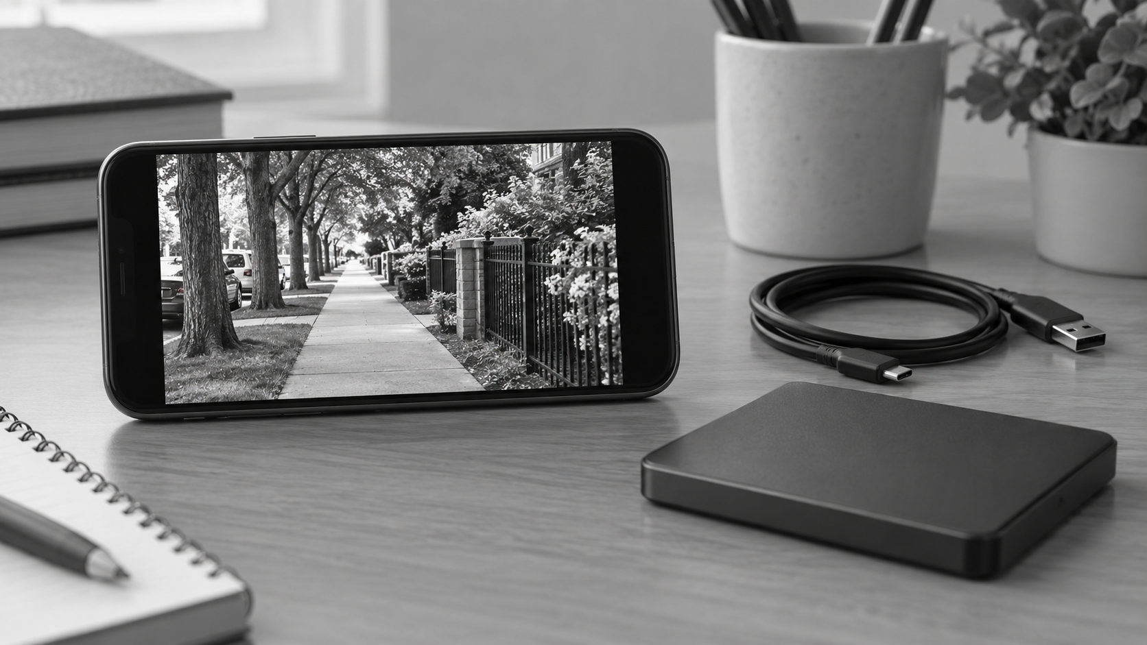 Original cellphone photos displayed on a phone beside a cable and backup drive