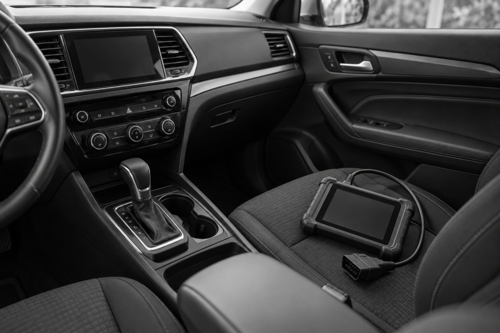 Newer vehicle interior with a diagnostic tablet and cable