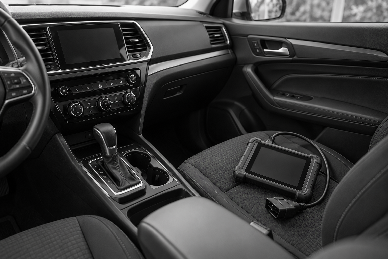 Newer vehicle interior with a diagnostic tablet and cable