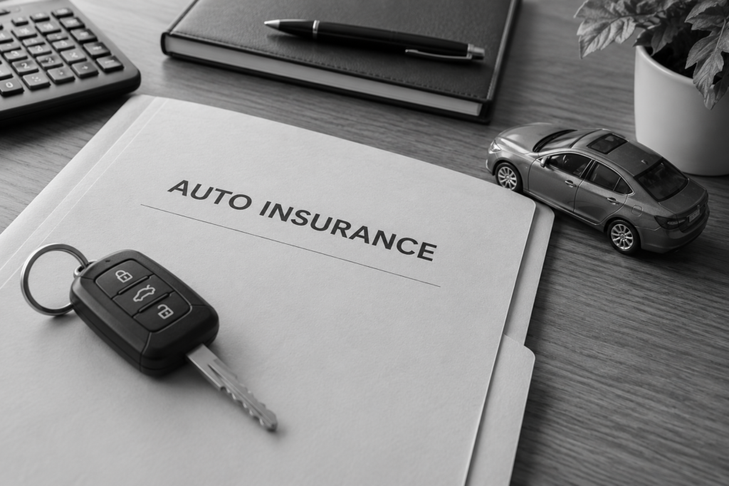 PIP coverage review materials with an auto insurance folder and car keys