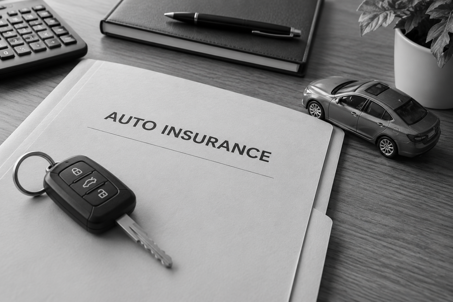 PIP coverage review materials with an auto insurance folder and car keys