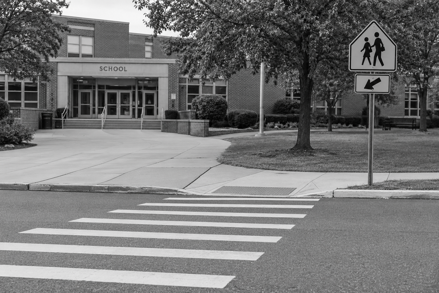 School crossing with marked crosswalk and warning sign