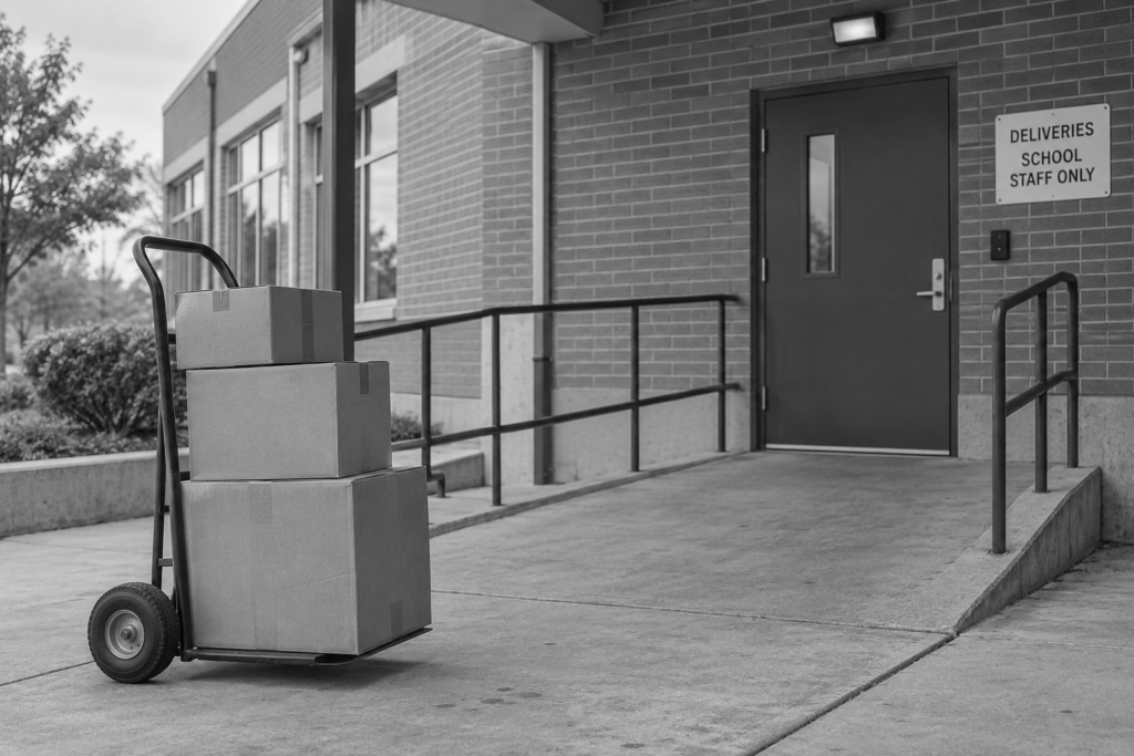 Delivery driver equipment and parcels at a school entrance