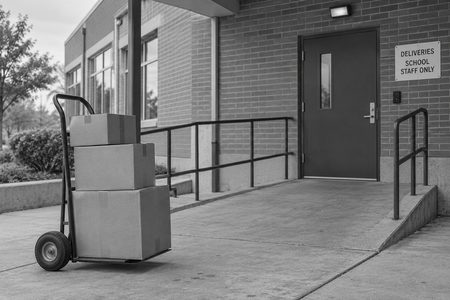 Delivery driver equipment and parcels at a school entrance