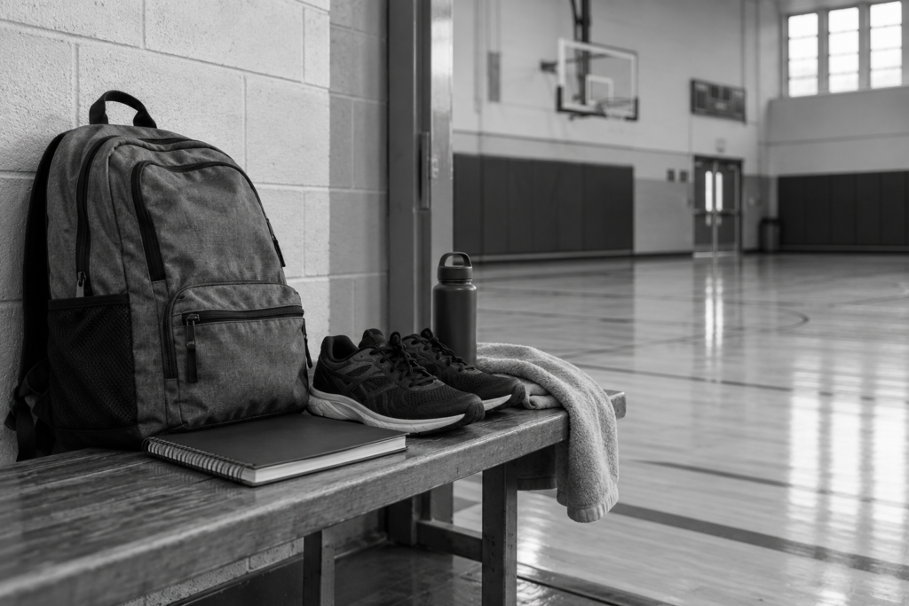 School backpack and athletic shoes beside an empty gym