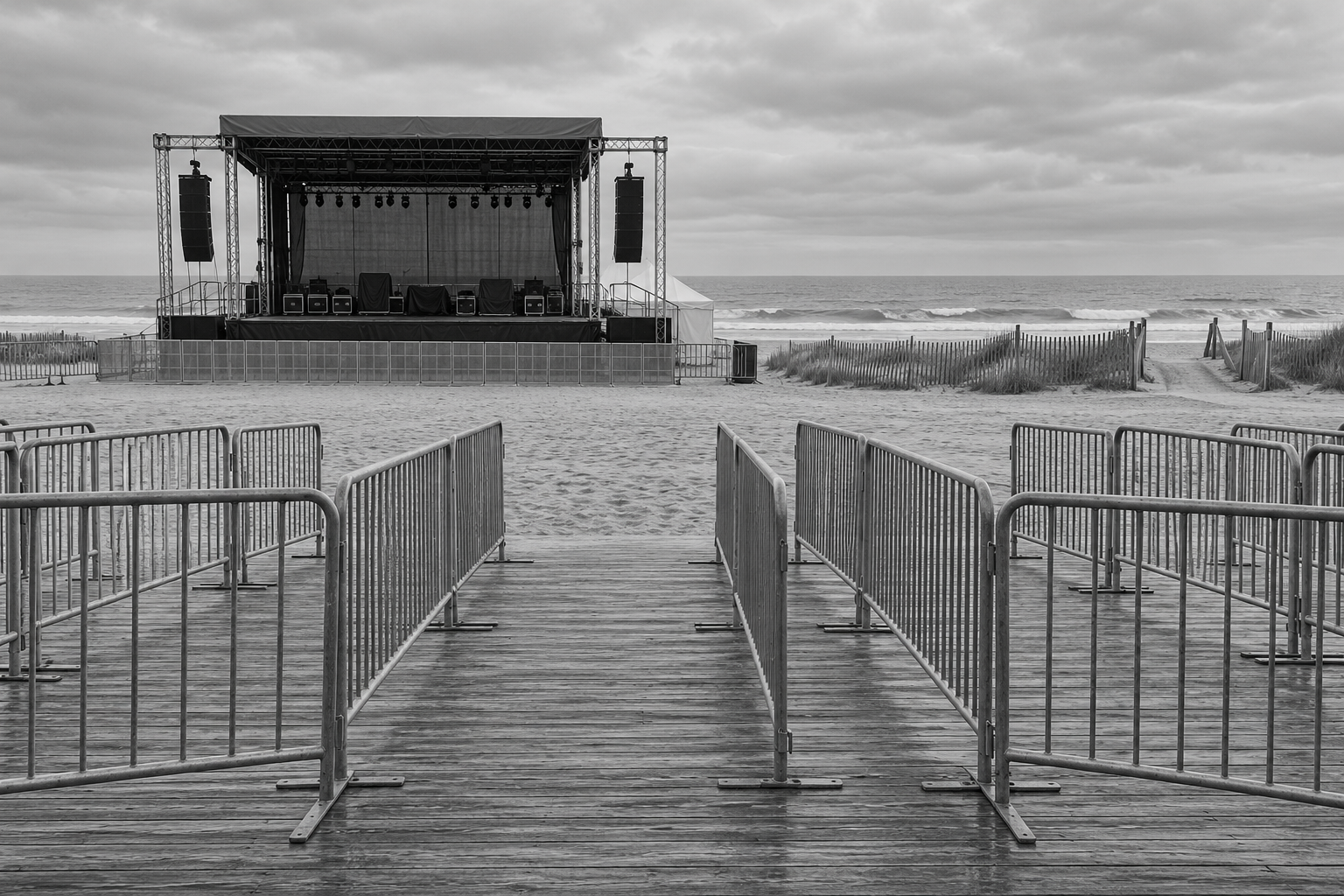 Beachfront music festival stage and empty barrier-lined route