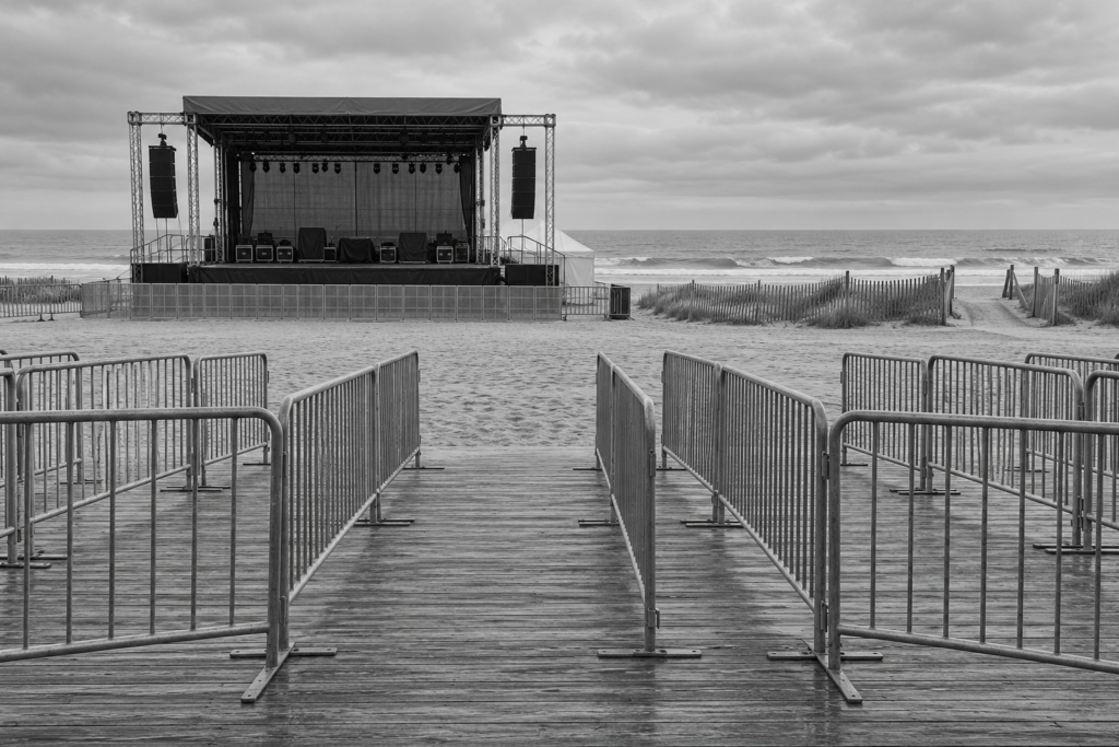 Open exit lanes at an empty beachfront festival site