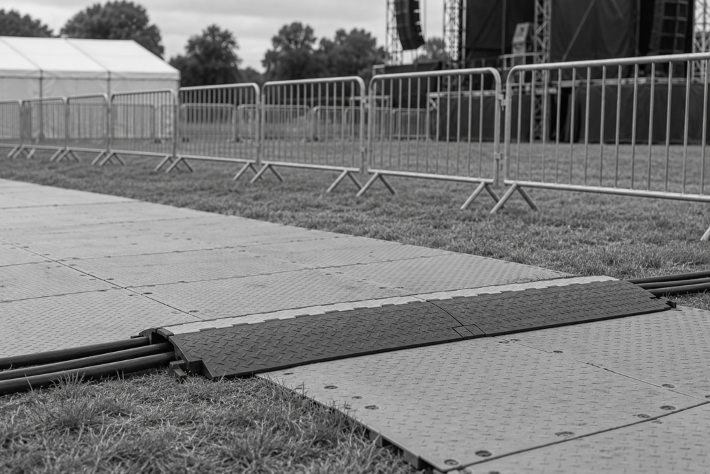 Temporary flooring with a cable protector and crowd barriers