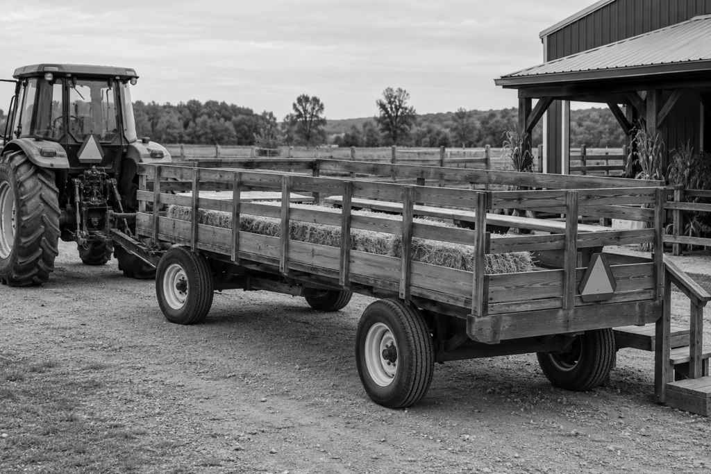 Commercial hayride wagon with side rails at a farm boarding area