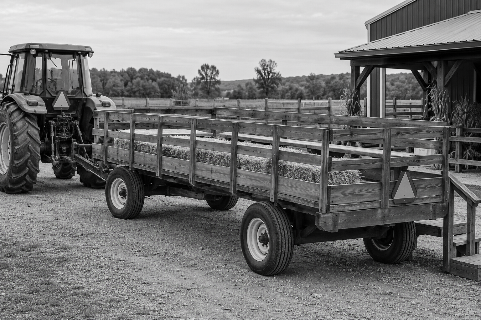 Commercial hayride wagon with side rails at a farm boarding area