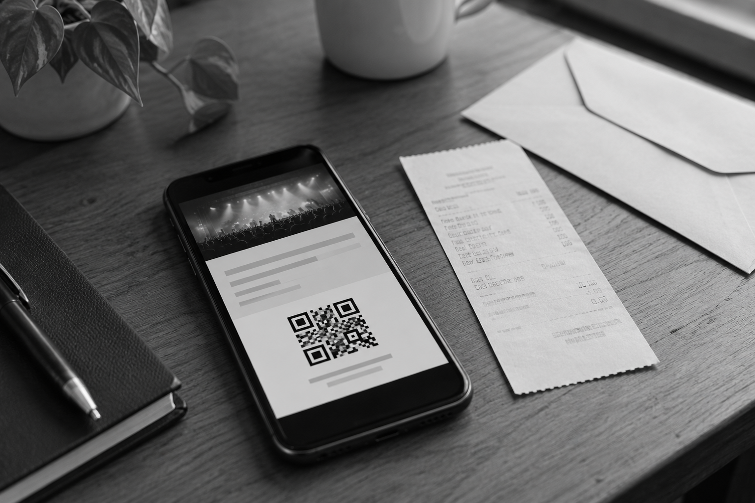 Event app ticket on a smartphone beside a paper receipt