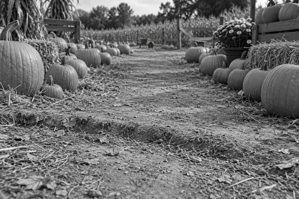 Uneven ground along a pumpkin patch walking path