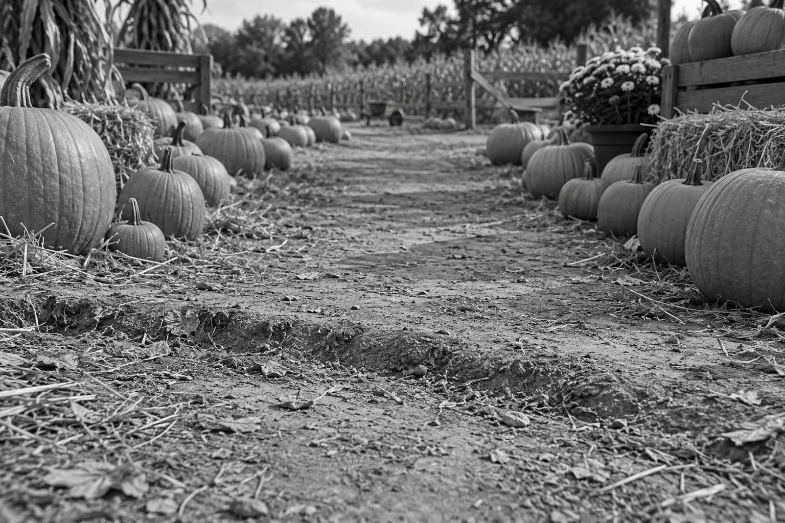 Uneven ground along a pumpkin patch walking path