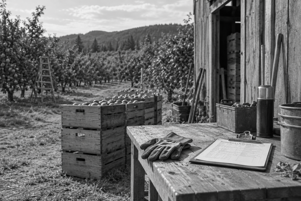 Harvest crates, work gloves and a schedule at a seasonal farm work station