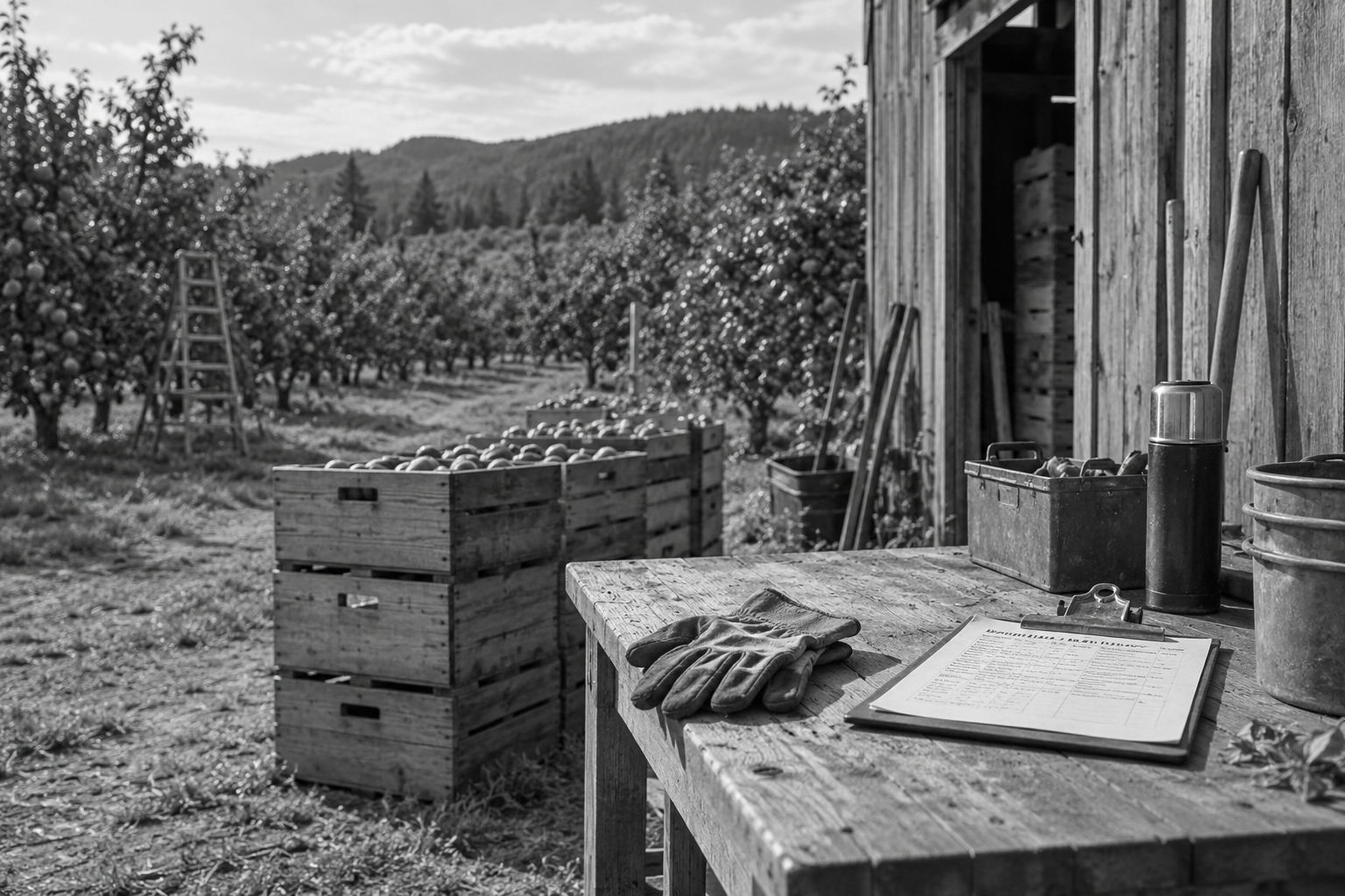 Seasonal farm and event workers’ gloves, crates and schedule at a farm station