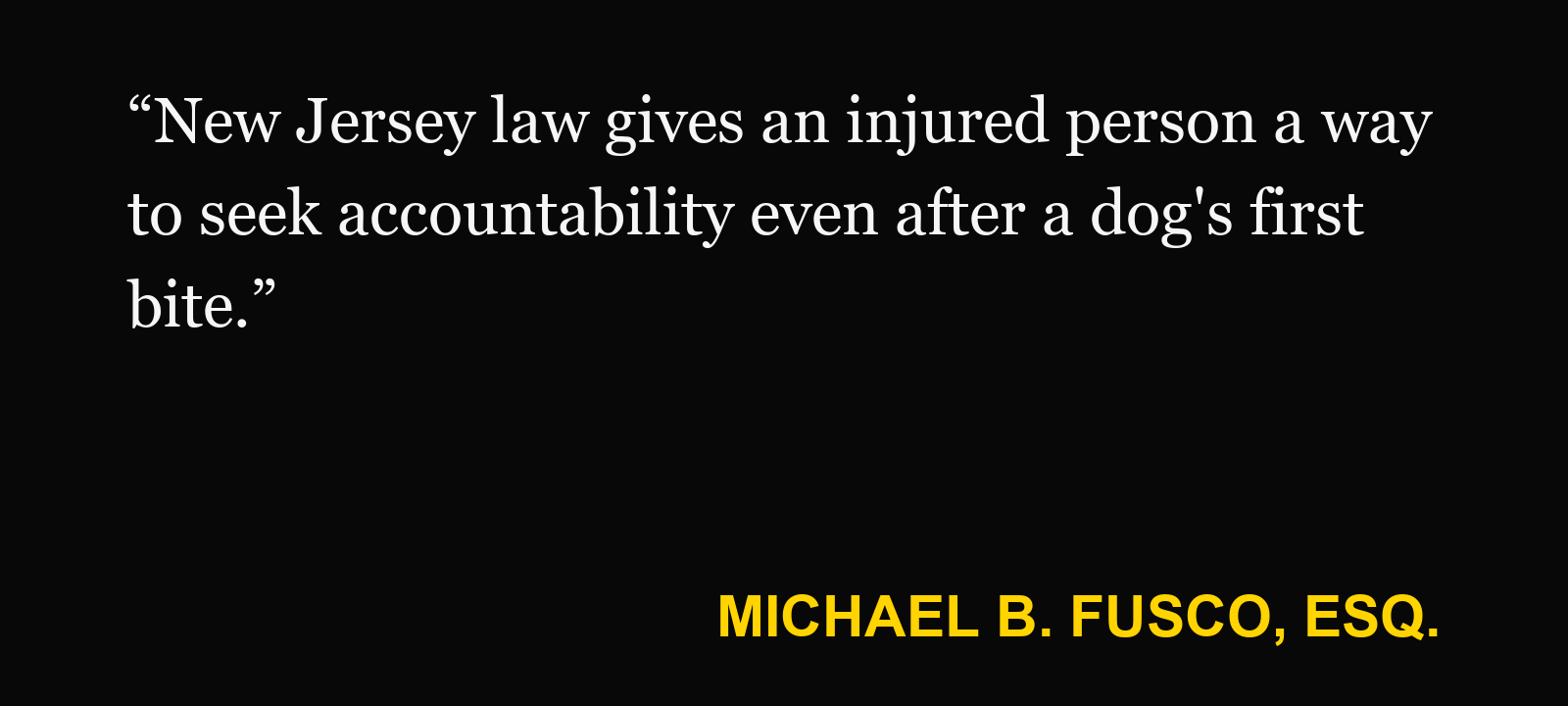 Quote about New Jersey dog bite law — Michael B. Fusco, Esq.: “New Jersey law gives an injured person a way to seek accountability even after a dog's first bite.”