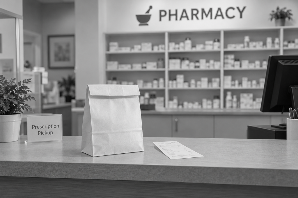 Black-and-white pharmacy pickup counter with a paper prescription bag and receipt