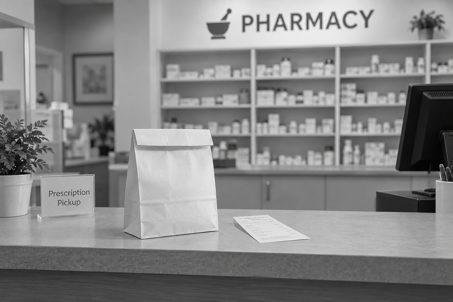 Black-and-white pharmacy pickup counter with a paper prescription bag and receipt
